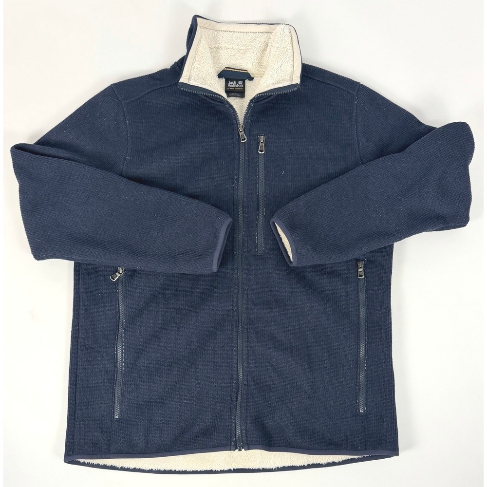 Jack Wolfskin Mens Large Knit Sherpa Lined Fleece Jacket Navy Blue Full Zip‎